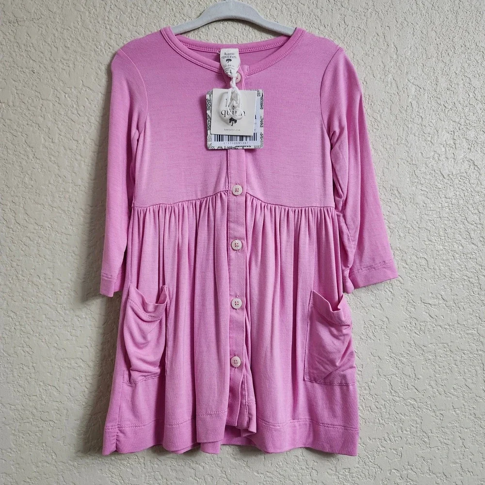 NEW Kate Quinn Bamboo BonBon‎ 12-18M Pink Long Sleeve Button Front Pocket Dress
